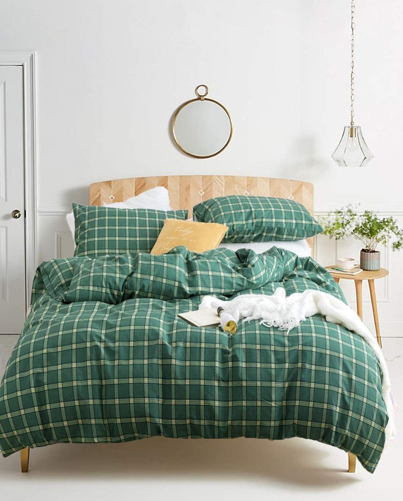 Houseri Green Comforter Set - Queen Plaid & Grid Bedding - Emerald, Forest, Jade Green & Yellow - Buffalo Checkered - Men, Boys, Girl - Vintage Style - Image 1